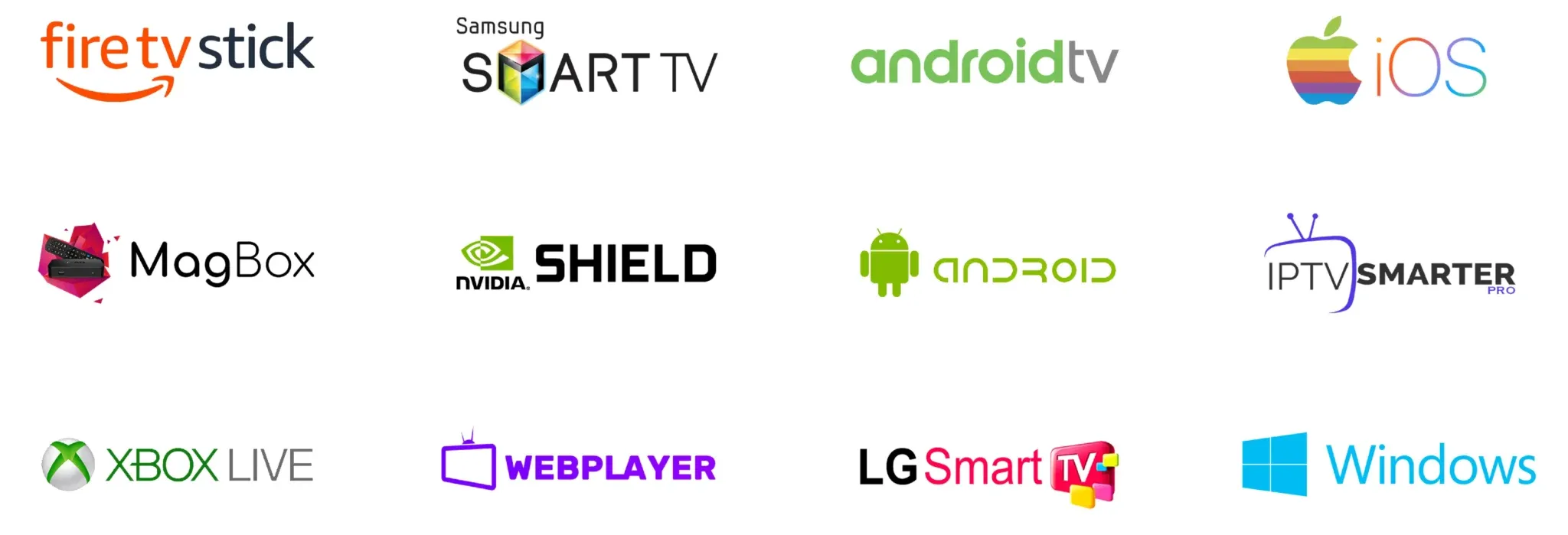 Grid of device and platform logos that work with IPTV Streaming Services